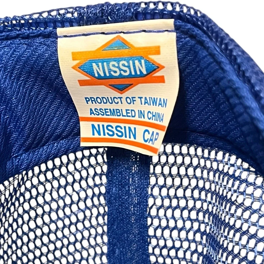 Vintage 70s Nissin Oregon Snowbird Trucker Hat Blue Mesh Snapback Cap